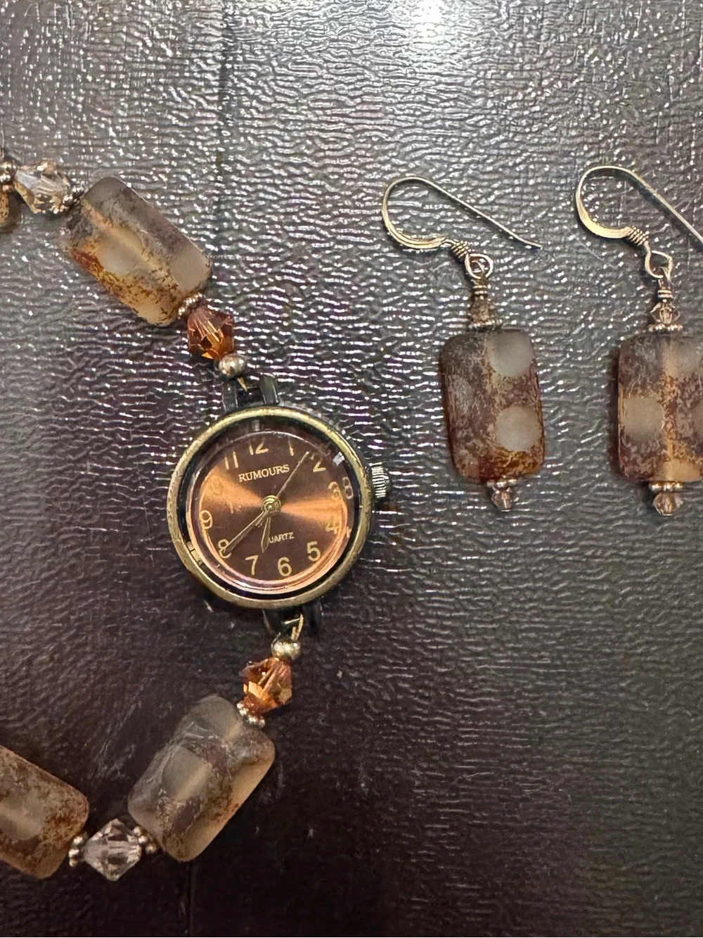 Rumours quartz wristwatch ( Working) And 14k Gold Filled Brown Beaded Earrings